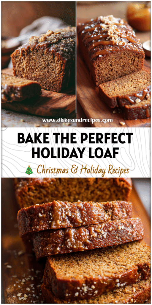Moist gingerbread banana loaf topped with festive spices and brown sugar glaze on a wooden board.